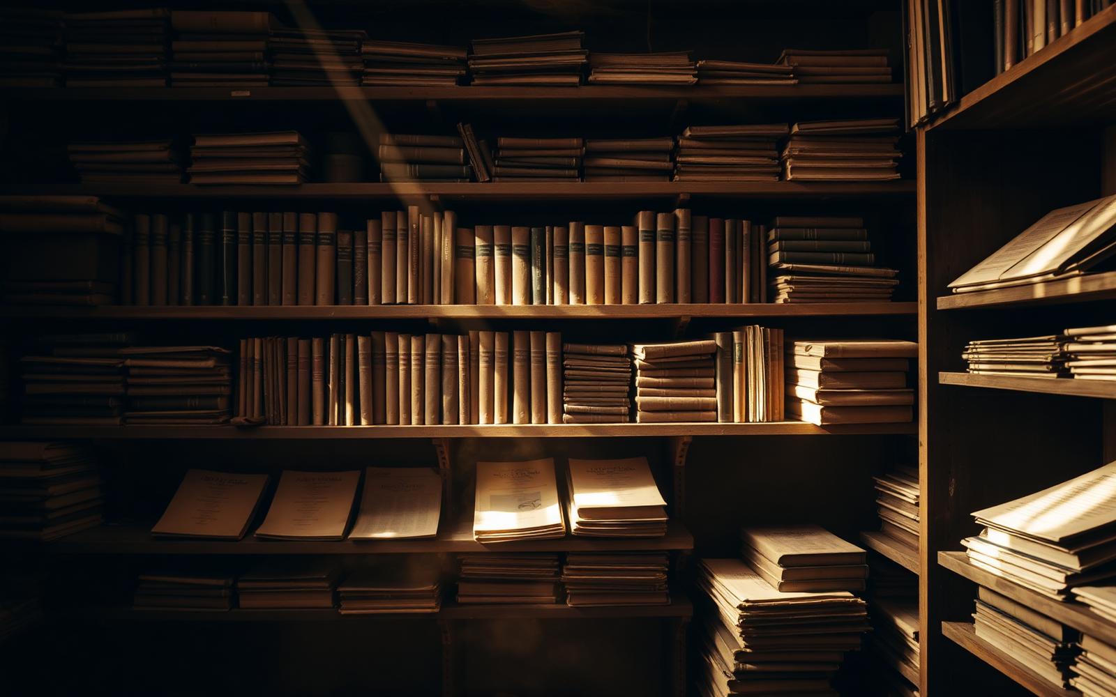 Dust-lit shelves of vintage saddle catalogs and leather-bound ledgers