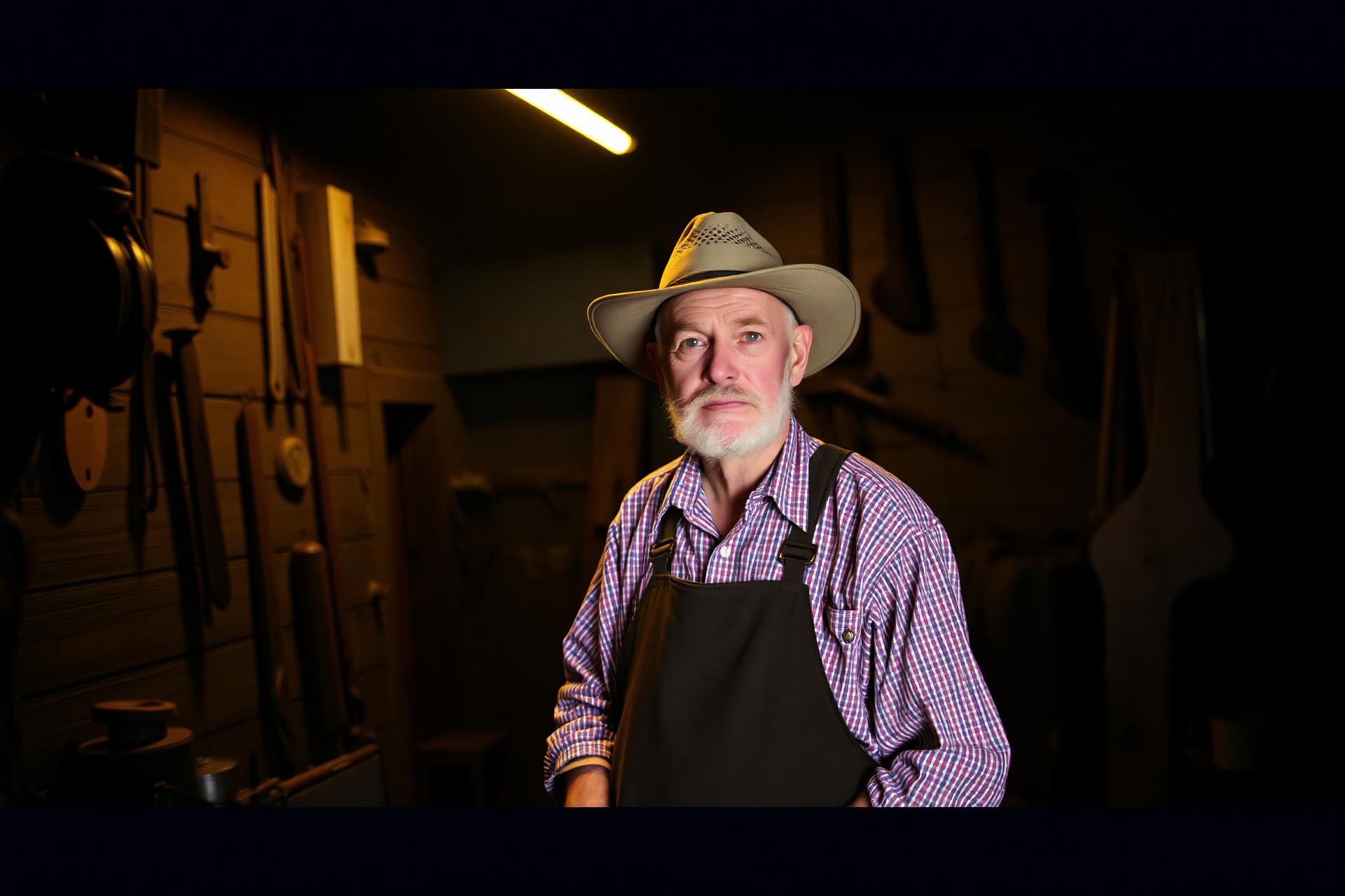 Veteran saddle maker in a dimly lit workshop